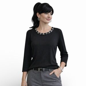 JONES NY Black Crew Neck Sweater - Chain Detail - Women’s size XL